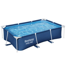 Rectangular above ground blue steel frame pool filled with clear water