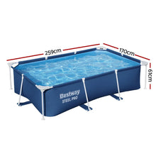 Rectangular above ground steel frame pool, 259x170x61cm, filled with water.
