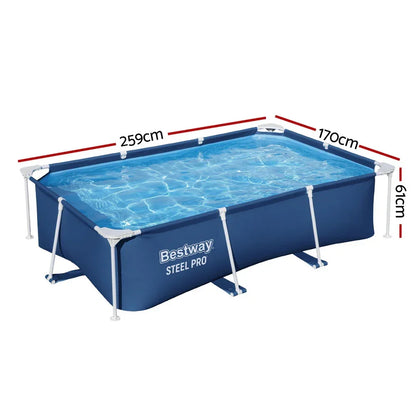 Rectangular above ground steel frame pool, 259x170x61cm, filled with water.