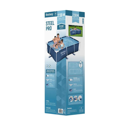 Rectangular steel frame above ground pool packaging showing dimensions and setup illustration