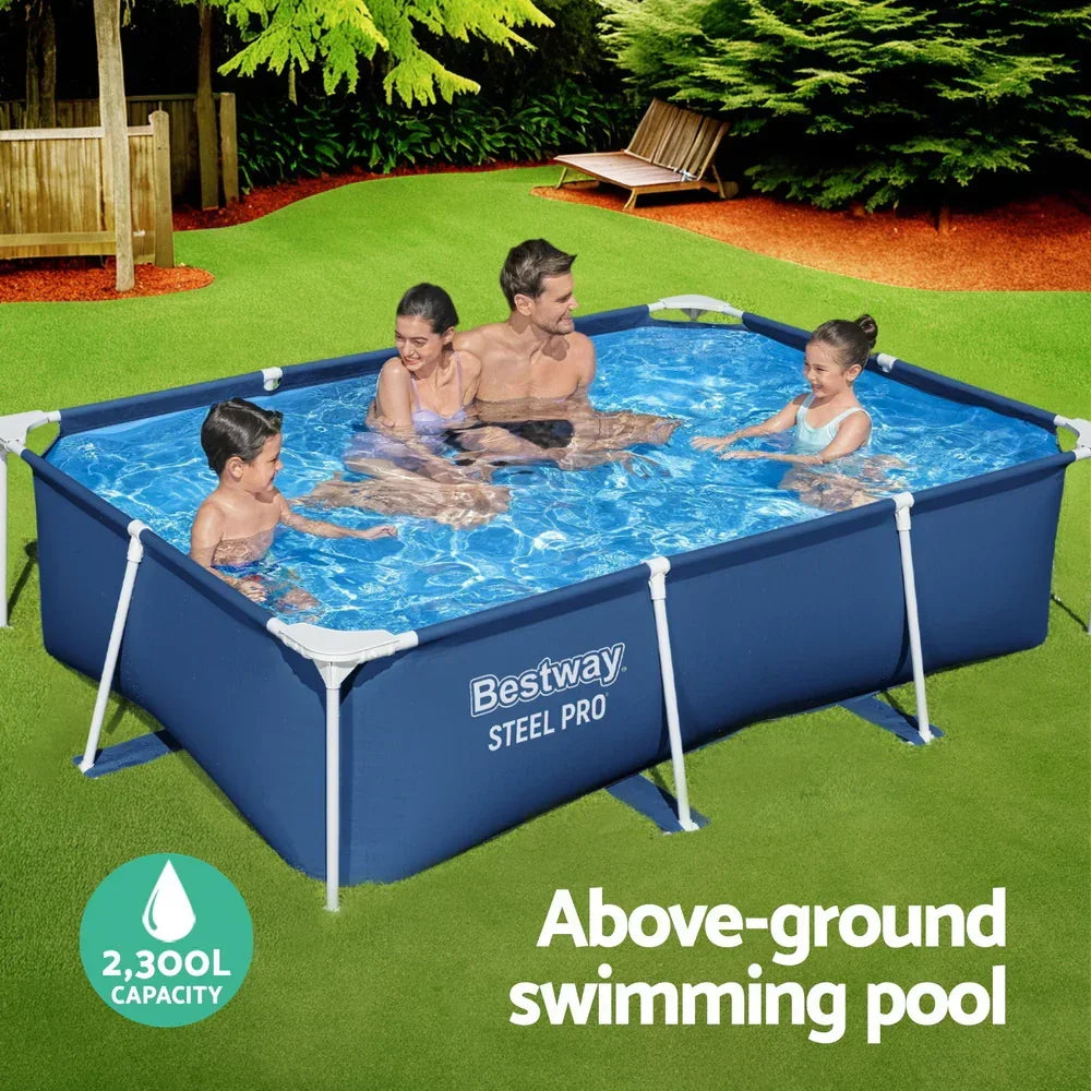 Rectangular above-ground swimming pool with family, 2300L capacity, in backyard setting