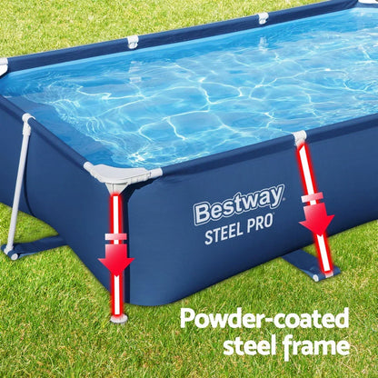 Rectangular above ground pool with blue powder-coated steel frame on grassy lawn