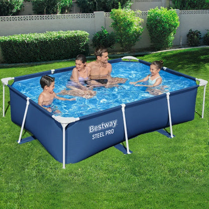 Family playing in a Bestway Steel Pro rectangular above ground pool on grass