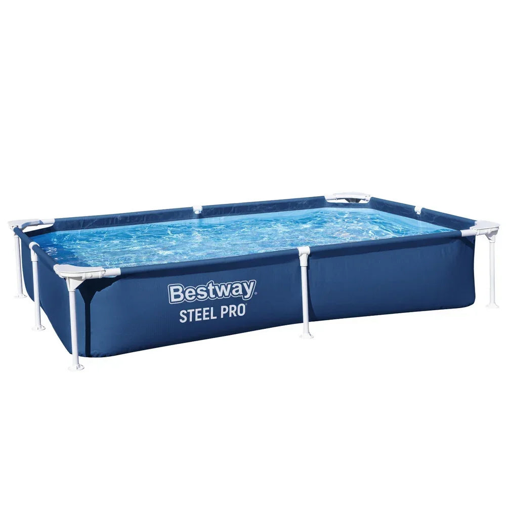 Rectangular steel frame above ground pool filled with water, blue exterior, Bestway branding visible