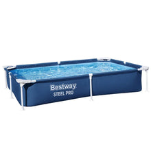 Rectangular steel frame above ground pool filled with water, blue exterior, Bestway branding visible