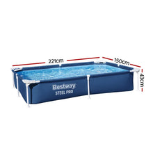 Rectangular above ground pool with steel frame, blue cover, and visible dimensions.