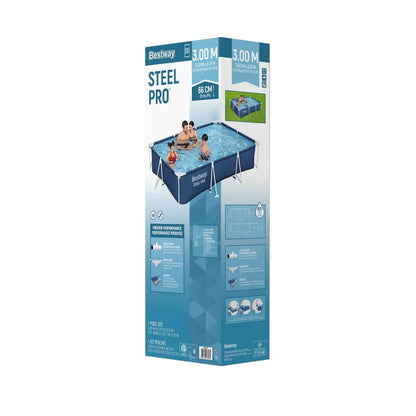 Rectangular steel frame above-ground pool in retail box with family swimming illustration