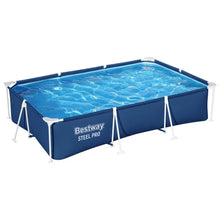Rectangular above ground pool with blue steel frame filled with clear water