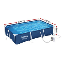 Rectangular above ground pool with steel frame, 300x201x66cm, filled with water filter pump