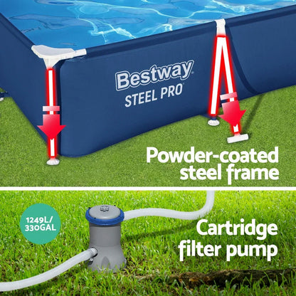 Rectangular above ground pool with powder-coated steel frame and cartridge filter pump on grass.
