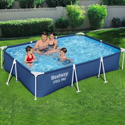 Family swimming in a rectangular above-ground steel frame pool on grass outdoors