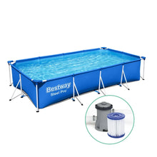 Rectangular above ground pool with steel frame, blue liner, and included filter pump