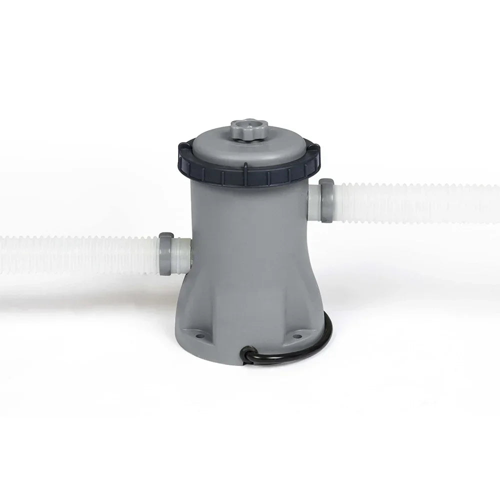 Grey plastic pool filter pump with attached hoses on a white background