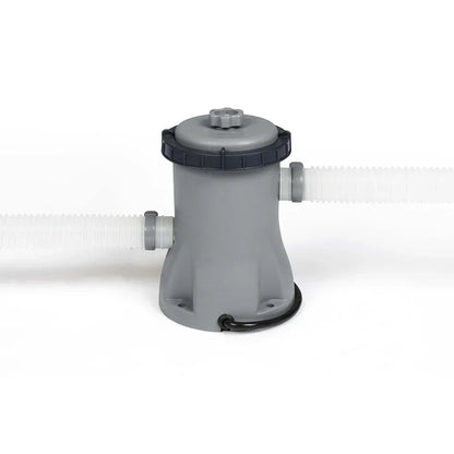 Grey plastic pool filter pump with attached hoses on a white background