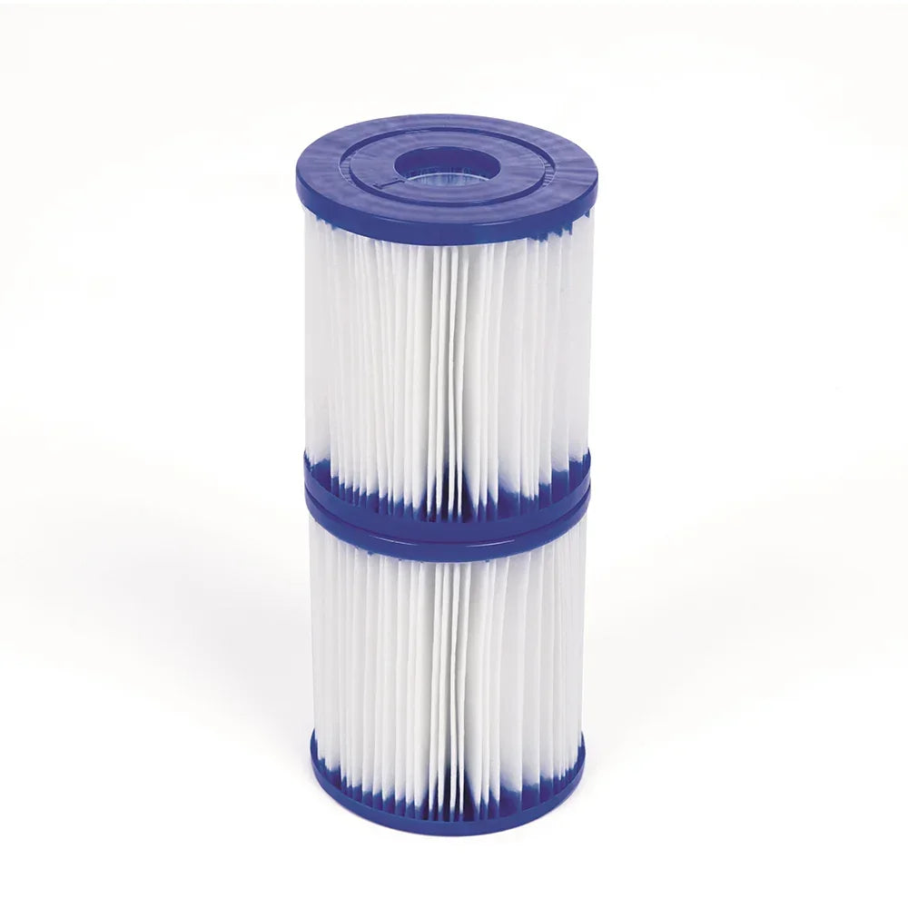 Two stacked pool filter cartridges with blue end caps on a white background