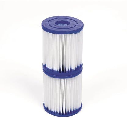 Two stacked pool filter cartridges with blue end caps on a white background