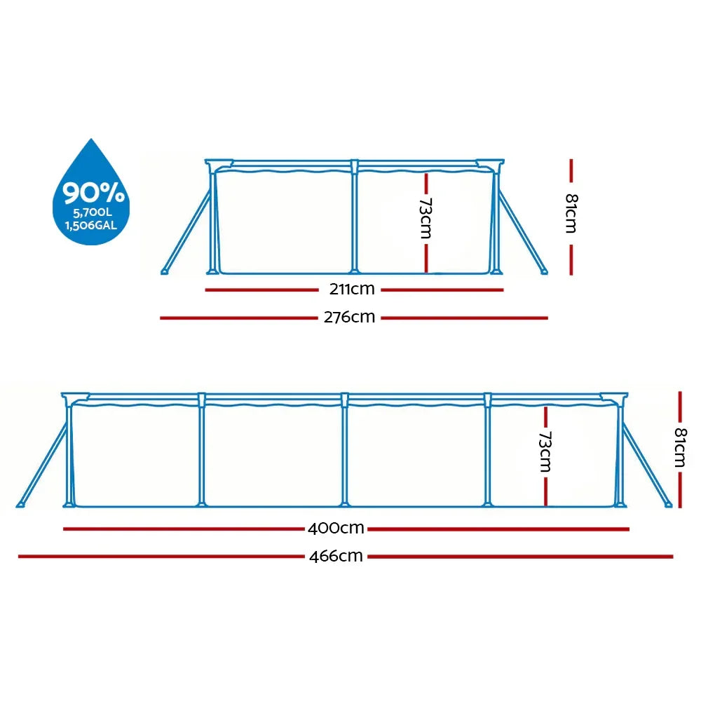Rectangular above ground pool diagram with dimensions and 5700L 1506GAL water capacity.