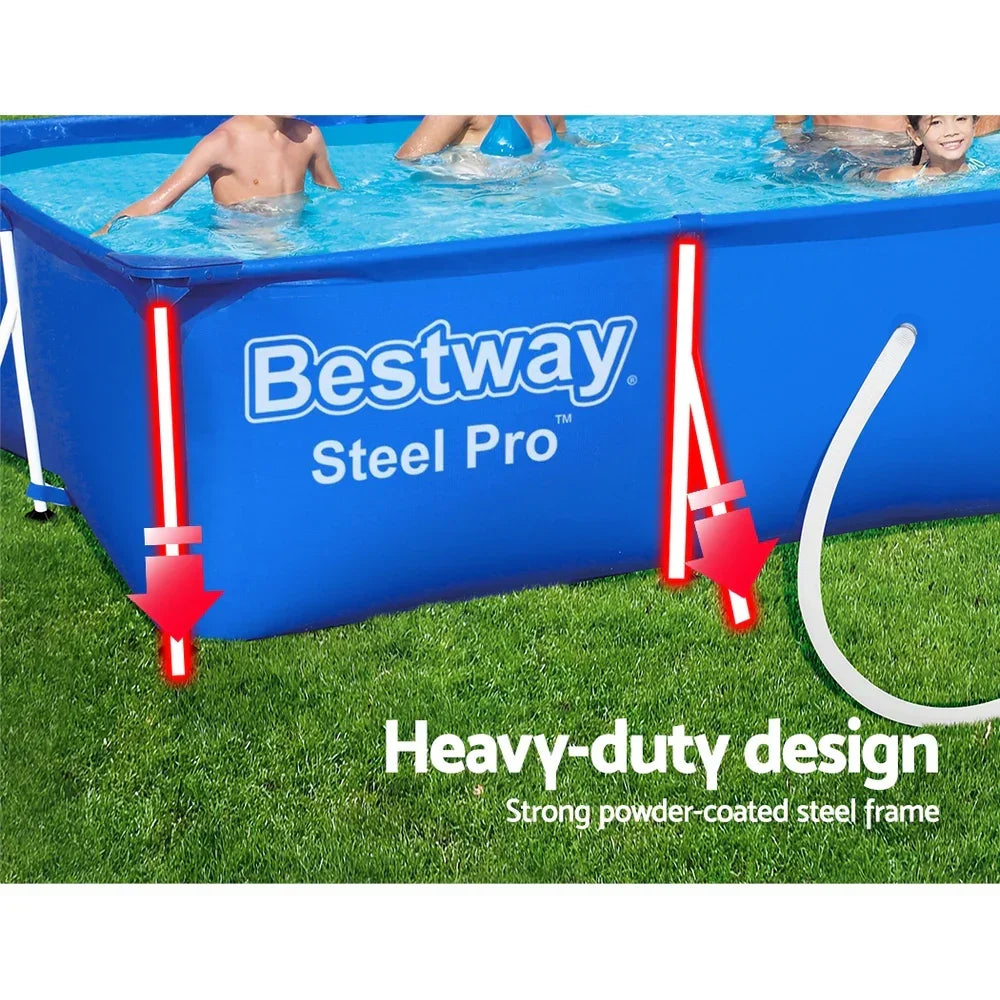 Rectangular blue steel frame pool with kids playing, heavy-duty powder-coated design shown on grass