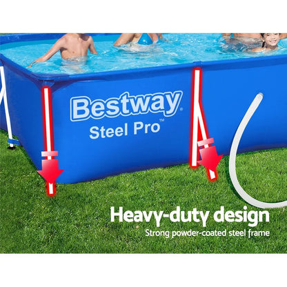 Rectangular blue steel frame pool with kids playing, heavy-duty powder-coated design shown on grass