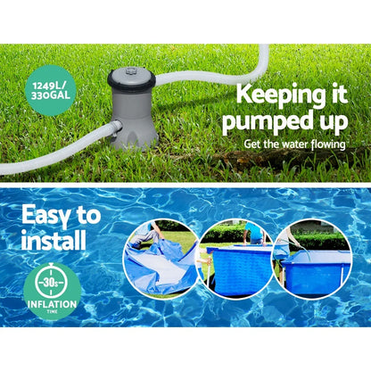 Outdoor pool pump with hose, easy pool installation, fast inflation under 30 seconds