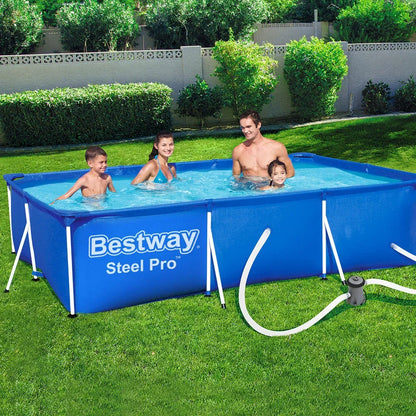 Rectangular blue steel frame pool with family swimming outdoors on green grass