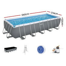 Large rectangular above ground pool with frame, ladder, filter, cover, and pump, size 640x274x132cm