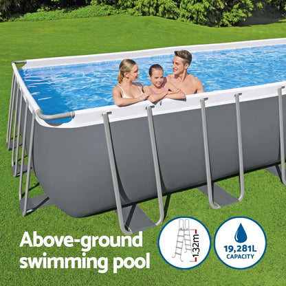 Family enjoying large above-ground swimming pool outdoors, 1.32m deep, 19,281L capacity