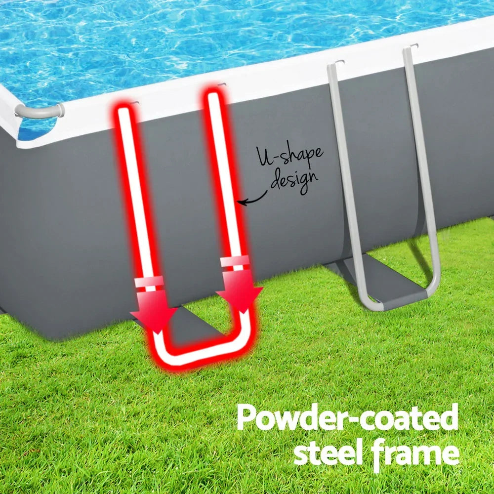 U-shaped powder-coated steel pool ladder frame on grass beside above-ground swimming pool