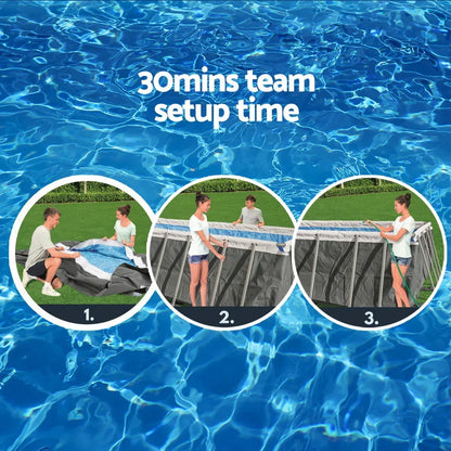 Above-ground pool setup steps with two people assembling pool frame on grass