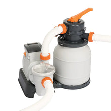 Above-ground pool sand filter pump with hoses and control valve, grey and orange design
