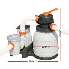 Sand filter pump with hoses, showing size measurements, for swimming pool cleaning