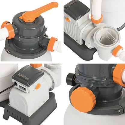 Sand filter pump for pools with orange and grey controls, clear debris strainer, and hose connectors