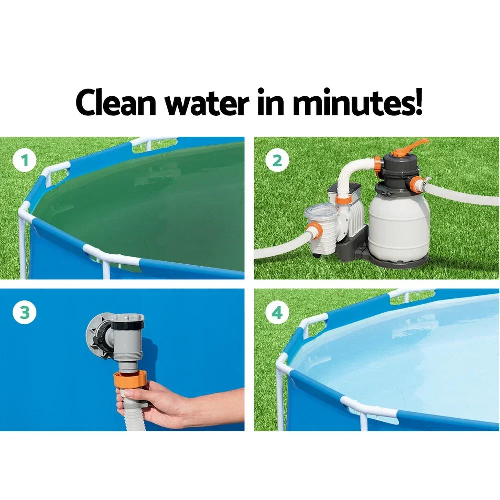 Step-by-step setup of a sand filter pump for above ground swimming pool cleaning.