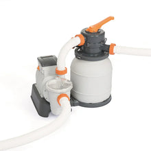 Sand filter pump for swimming pool with hoses and control valve on white background