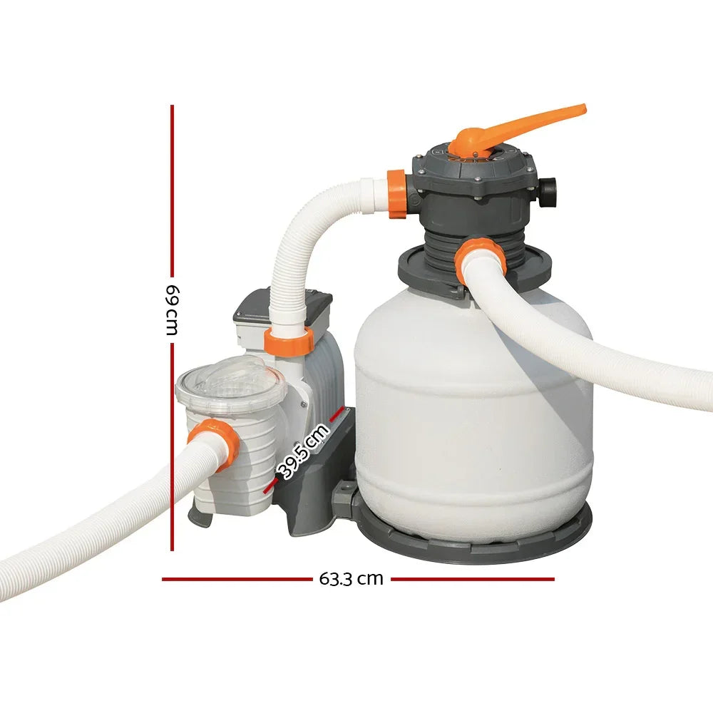 Sand filter pump system with hoses and size dimensions for above ground pools