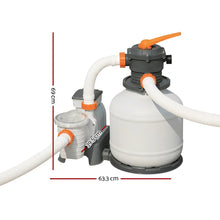 Sand filter pump system with hoses and size dimensions for above ground pools