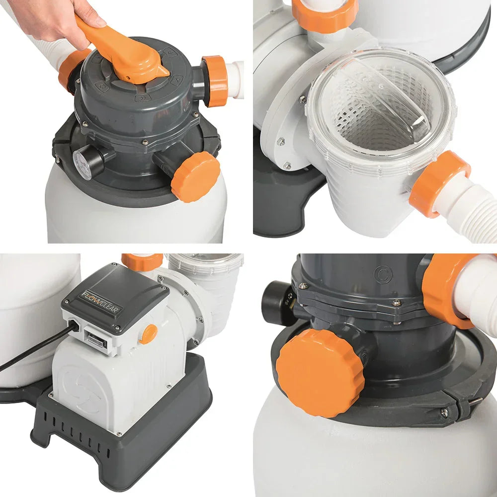 Close-up of sand filter pump for pools with grey and orange valves and clear strainer basket.