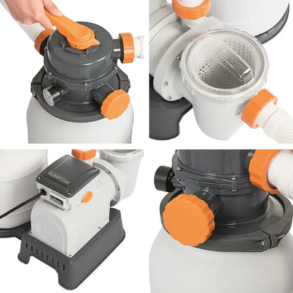 Close-up of sand filter pump for pools with grey and orange valves and clear strainer basket.