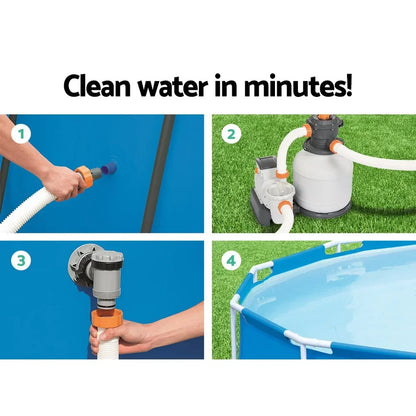 Step-by-step pool sand filter pump setup for clean water in an above ground pool.