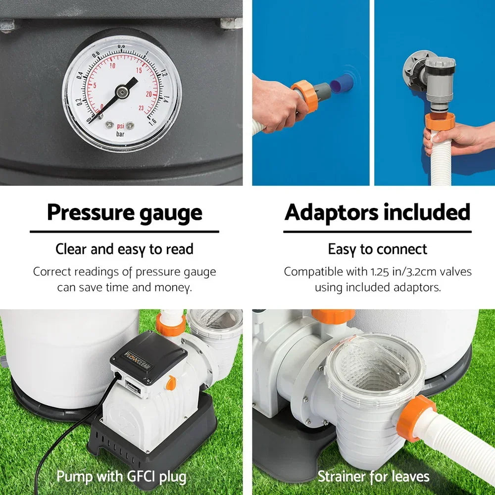 Pool pump system with pressure gauge, GFCI plug, adaptors, and leaf strainer on grass
