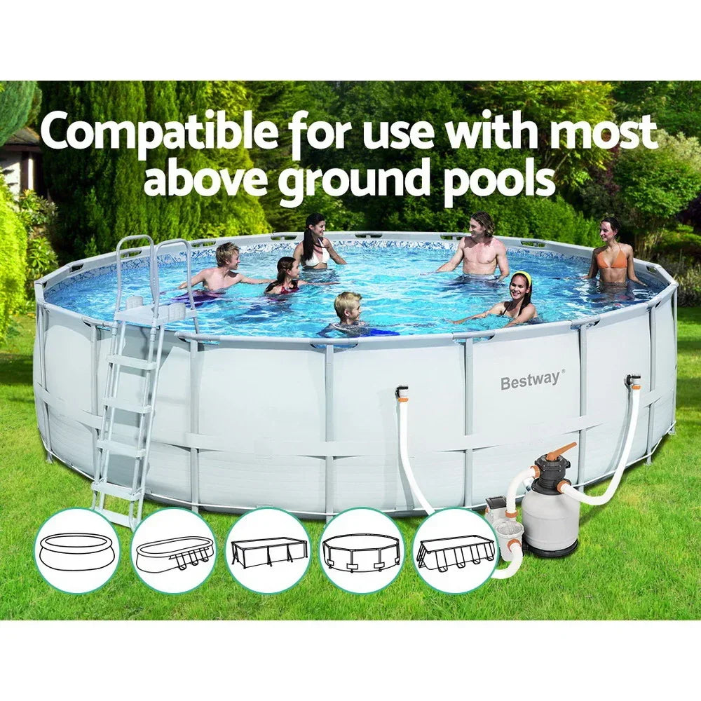 Family enjoying an above ground pool in backyard, pool filter pump attached, compatible models shown.