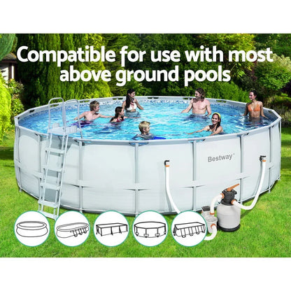 Family enjoying an above ground pool in backyard, pool filter pump attached, compatible models shown.