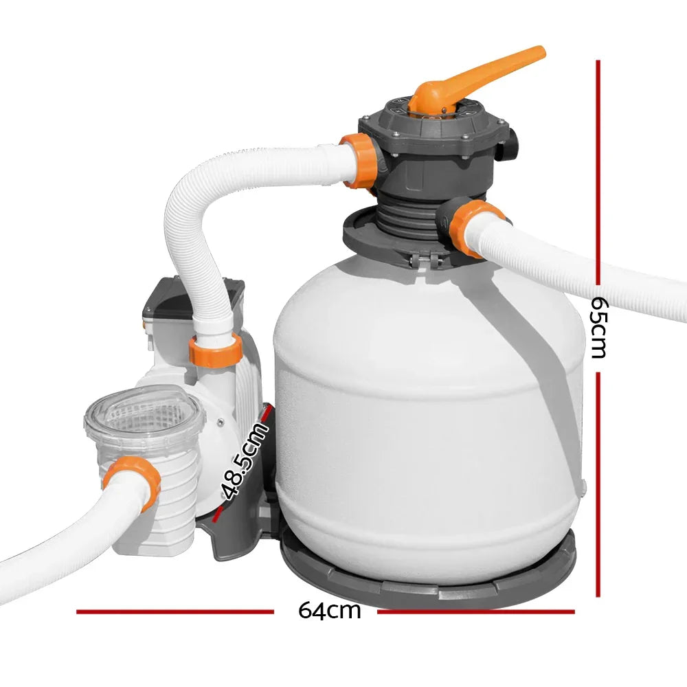 Sand filter pump with hoses, valve handle, and clear measurement labels for pool cleaning