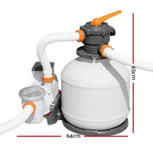 Sand filter pump with hoses, valve handle, and clear measurement labels for pool cleaning