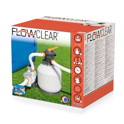 Flowclear pool sand filter pump system package with instructions and product image on grass
