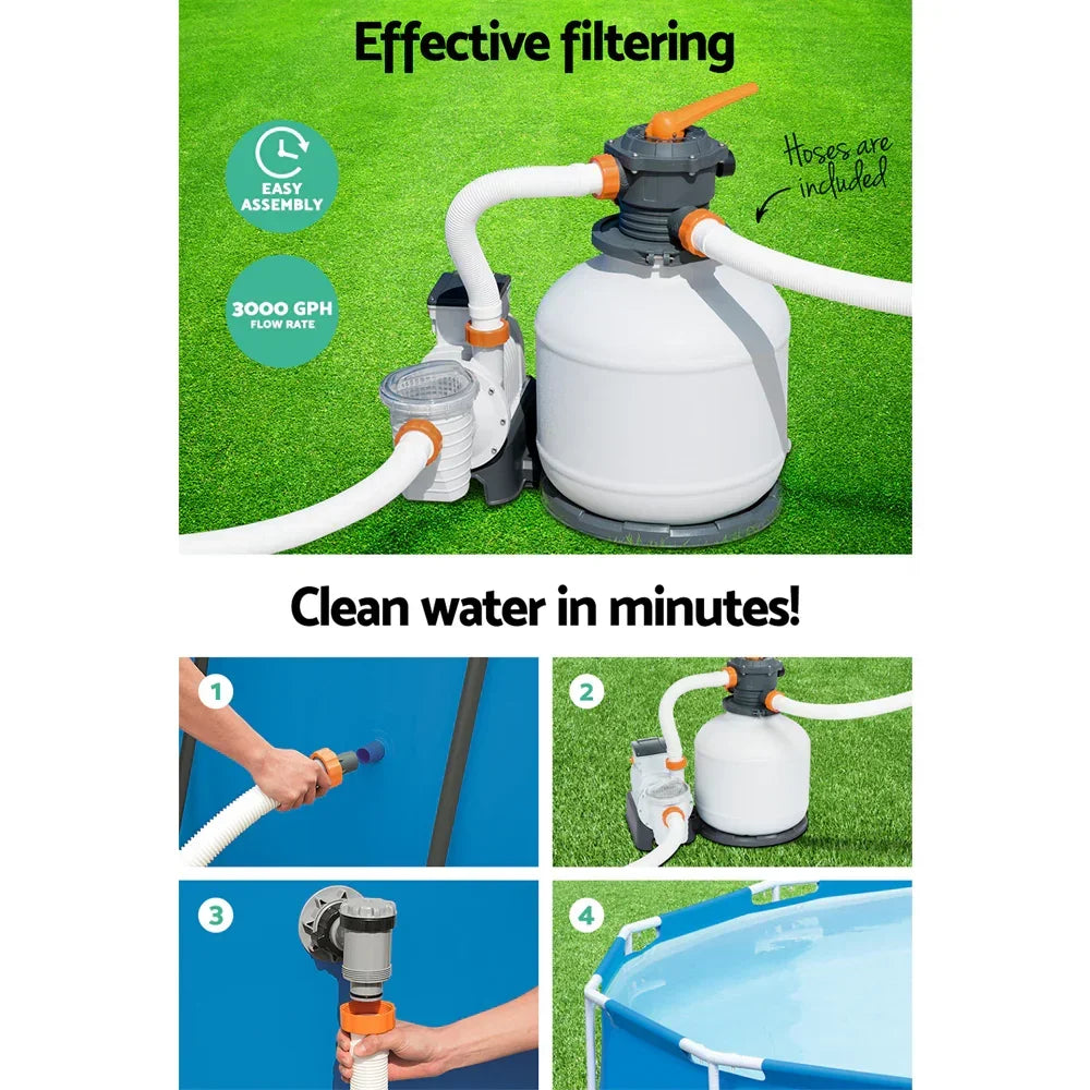 Sand filter pump for above ground pools with hoses, easy assembly, and 3000 GPH flow rate.