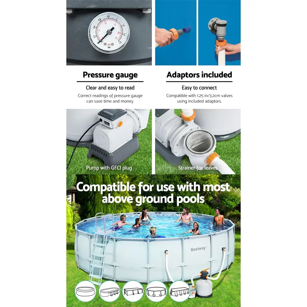 Sand filter pump system with pressure gauge, adaptors, and strainer for above ground pools