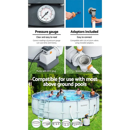 Sand filter pump system with pressure gauge, adaptors, and strainer for above ground pools