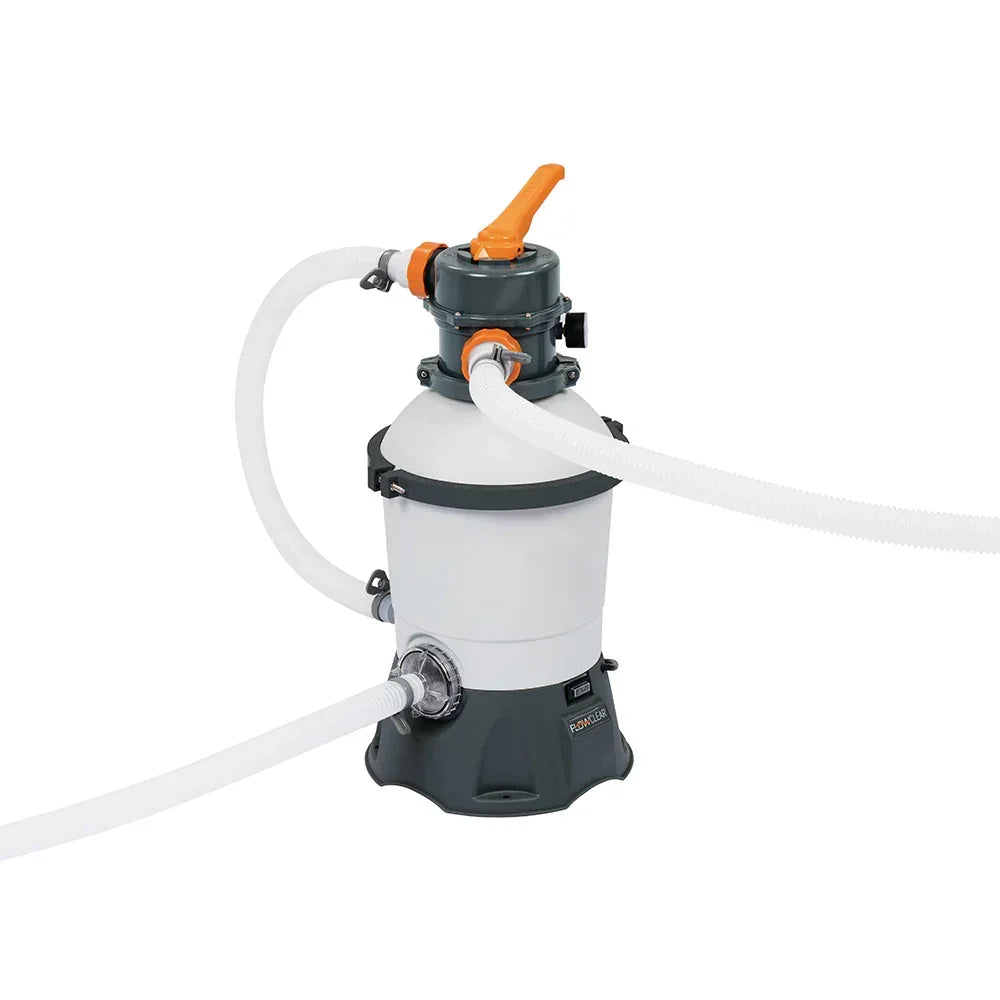 Sand filter pump with control valve and hoses for swimming pool filtration