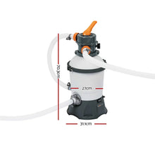 Sand filter pump with hoses and dimensions labeled, used for pool water filtration